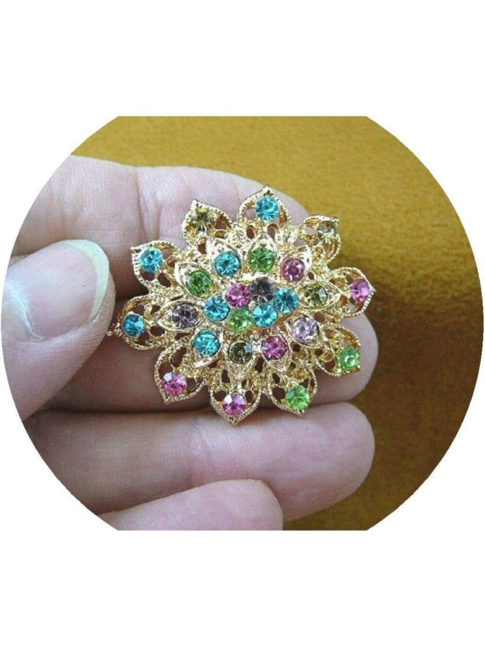 Sparkling Rainbow Rhinestone Layered Flower Brooch Pin - Vintage Costume